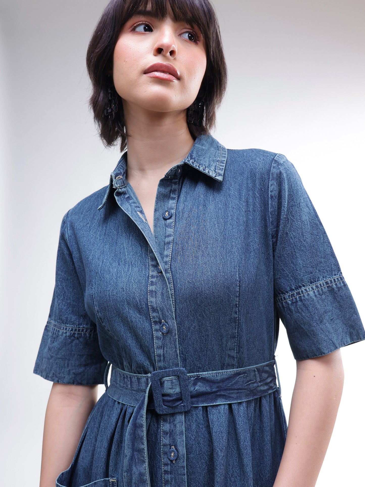 Women Blue Acid Washed Denim Belted Maxi Dress