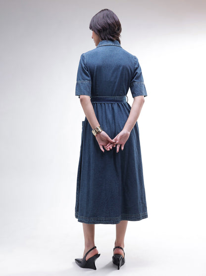 Women Blue Acid Washed Denim Belted Maxi Dress