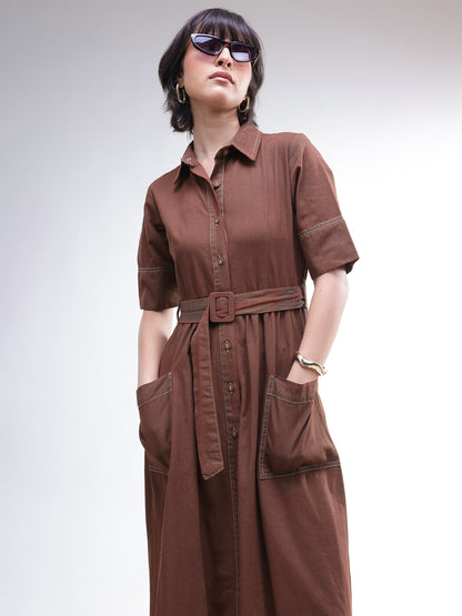 Women Brown Wash Denim Belted Maxi Dress