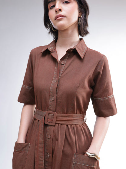 Women Brown Wash Denim Belted Maxi Dress