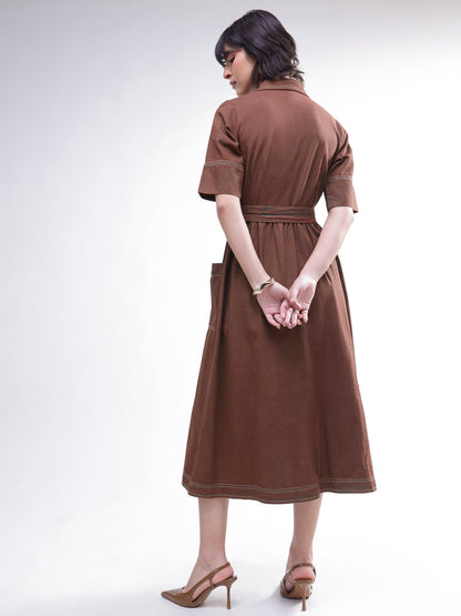 Women Brown Wash Denim Belted Maxi Dress
