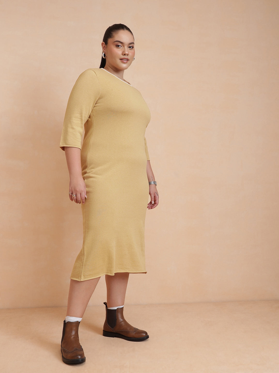 Beige Knit Striped-Ribbed Neck Midi Dress