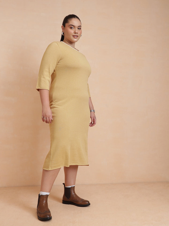 Beige Knit Striped-Ribbed Neck Midi Dress