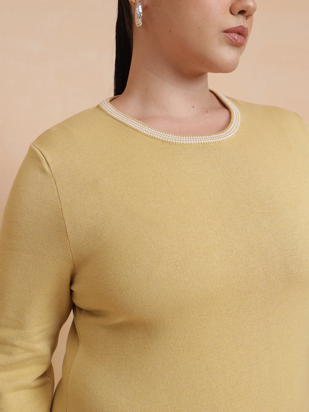 Beige Knit Striped-Ribbed Neck Midi Dress