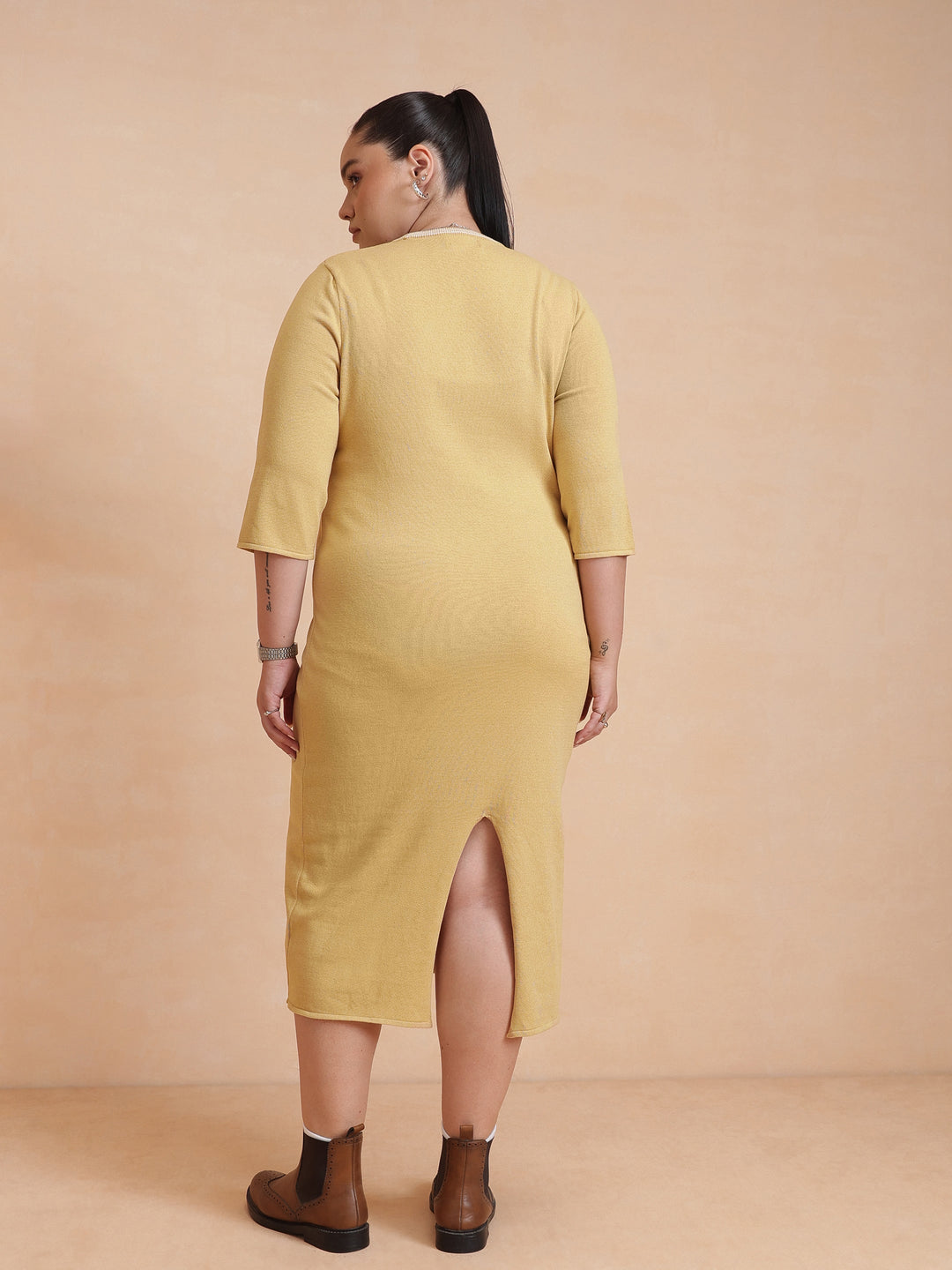 Beige Knit Striped-Ribbed Neck Midi Dress