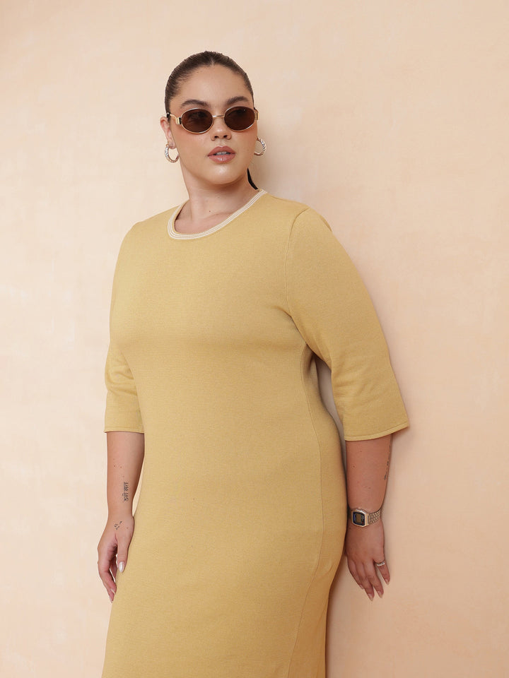 Beige Knit Striped-Ribbed Neck Midi Dress