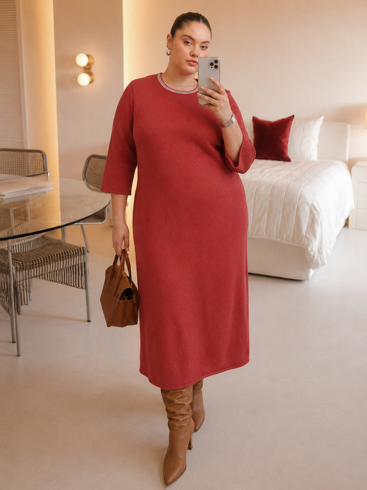 Red Knit Striped-Ribbed Neck Midi Dress
