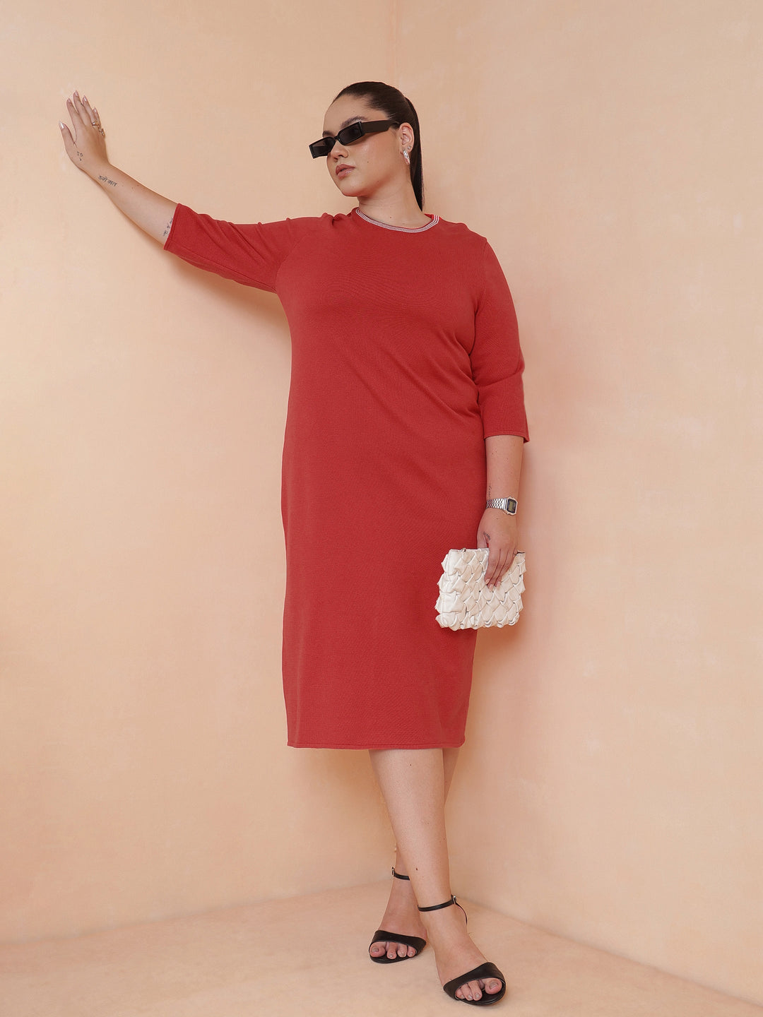Red Knit Striped-Ribbed Neck Midi Dress