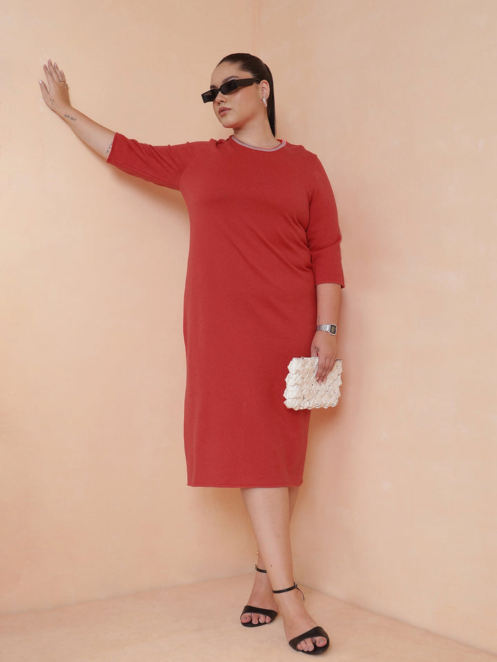 Red Knit Striped-Ribbed Neck Midi Dress