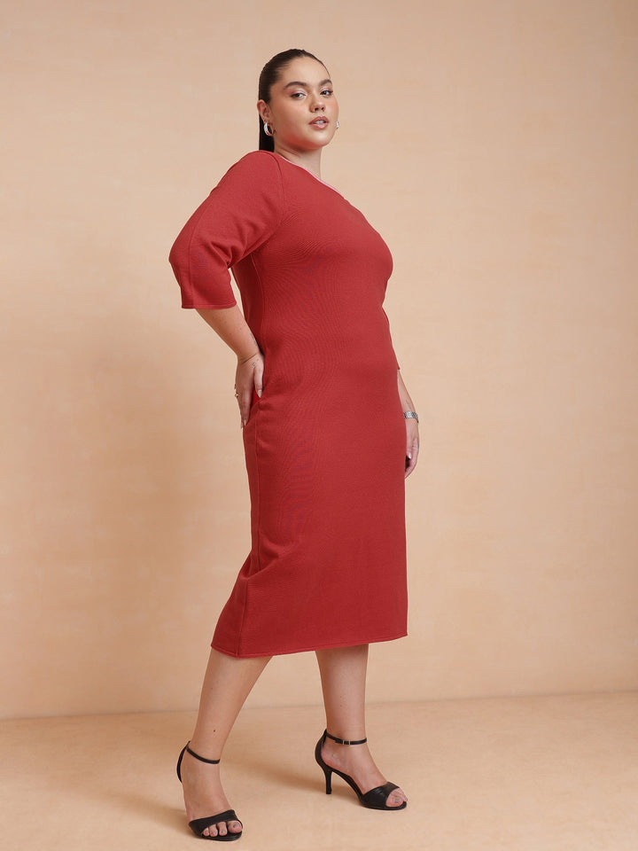 Red Knit Striped-Ribbed Neck Midi Dress