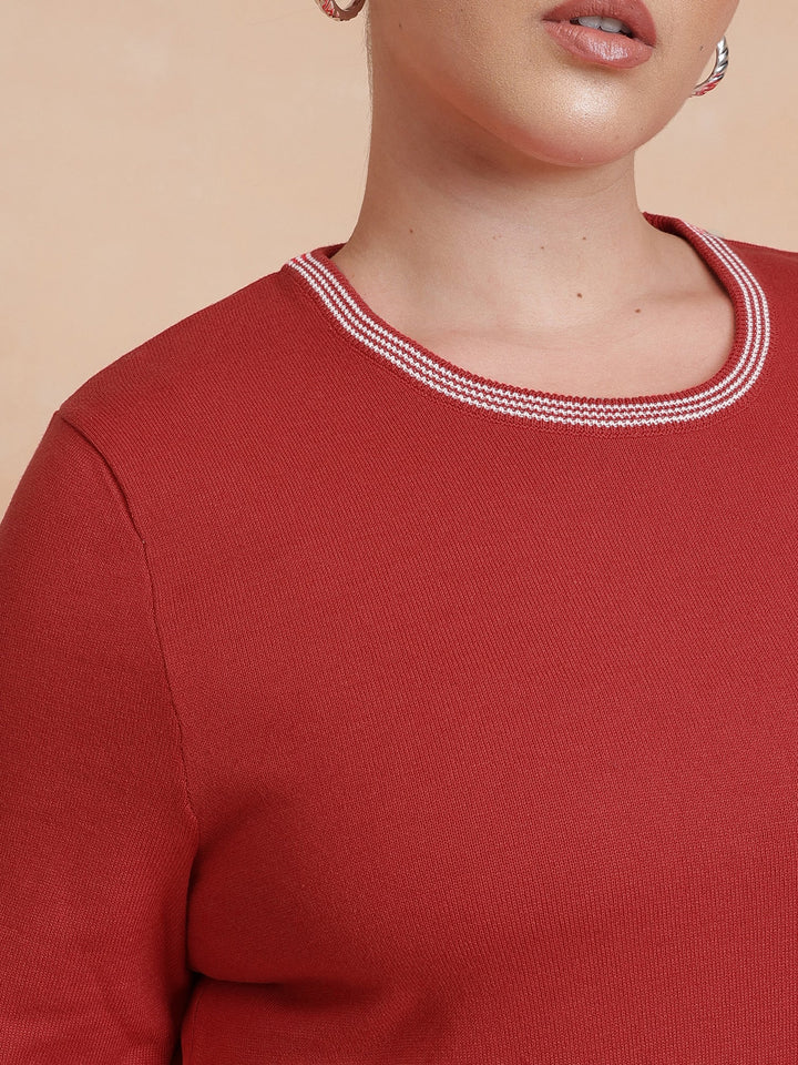 Red Knit Striped-Ribbed Neck Midi Dress