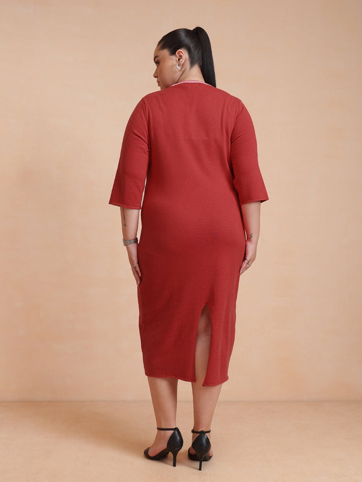 Red Knit Striped-Ribbed Neck Midi Dress