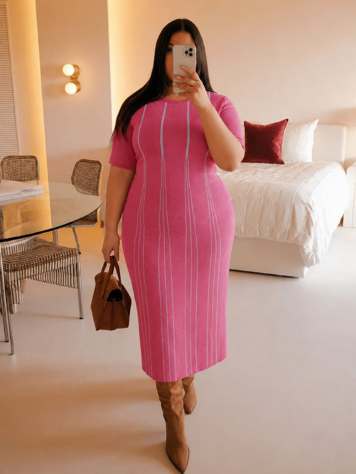 Pink &amp; Grey Stripe Knit Short Sleeves Midi Dress