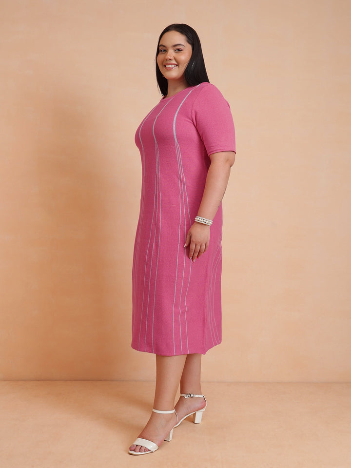 Pink &amp; Grey Stripe Knit Short Sleeves Midi Dress