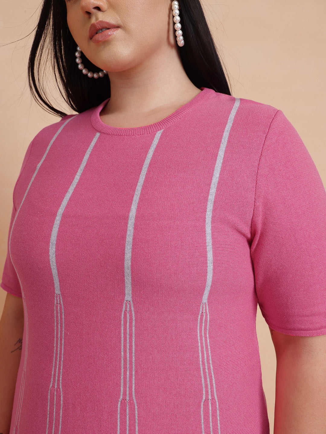 Pink &amp; Grey Stripe Knit Short Sleeves Midi Dress
