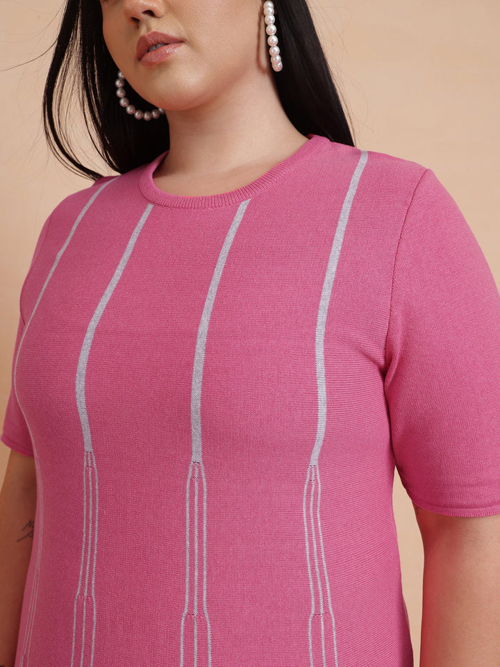 Pink &amp; Grey Stripe Knit Short Sleeves Midi Dress
