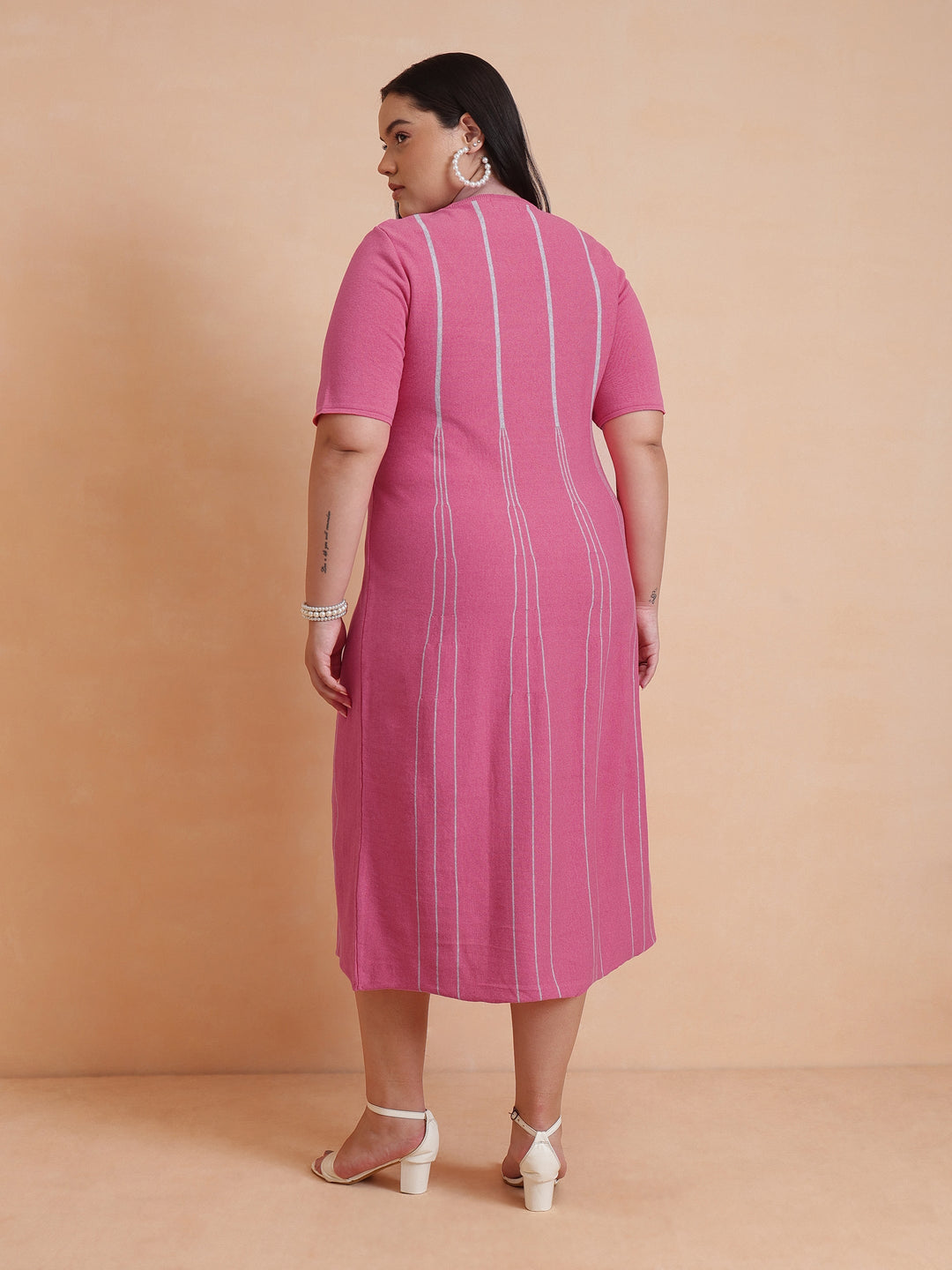 Pink &amp; Grey Stripe Knit Short Sleeves Midi Dress