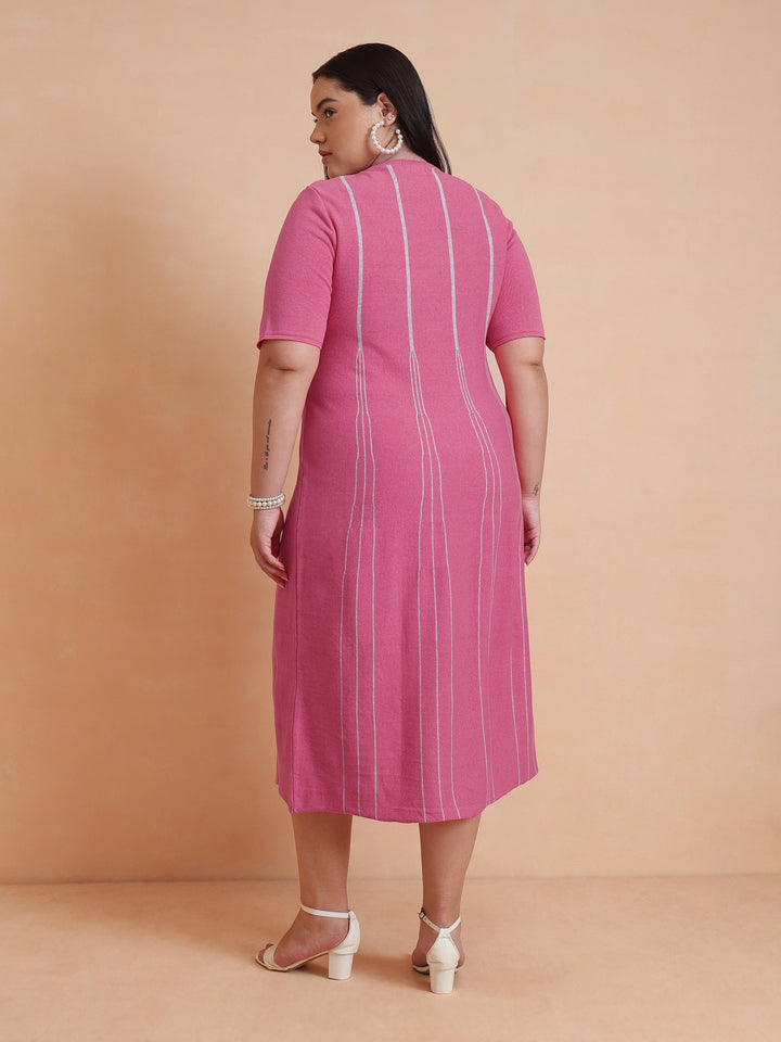 Pink &amp; Grey Stripe Knit Short Sleeves Midi Dress