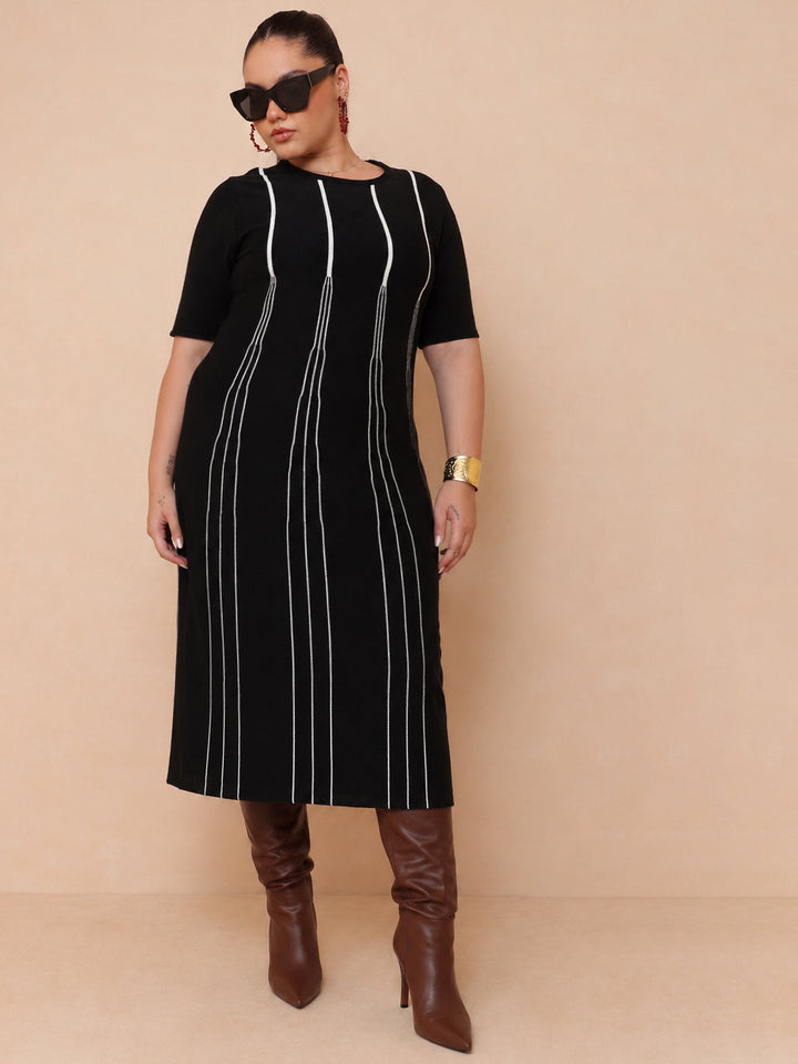 Black &amp; White Stripe Knit Short Sleeves Midi Dress