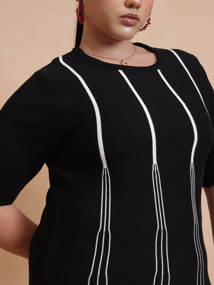 Black &amp; White Stripe Knit Short Sleeves Midi Dress