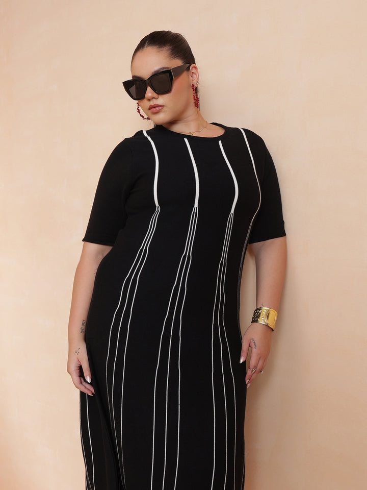 Black &amp; White Stripe Knit Short Sleeves Midi Dress