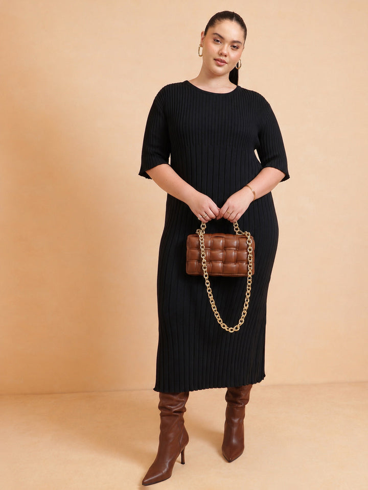 Black Knit A-Line Midi Dress