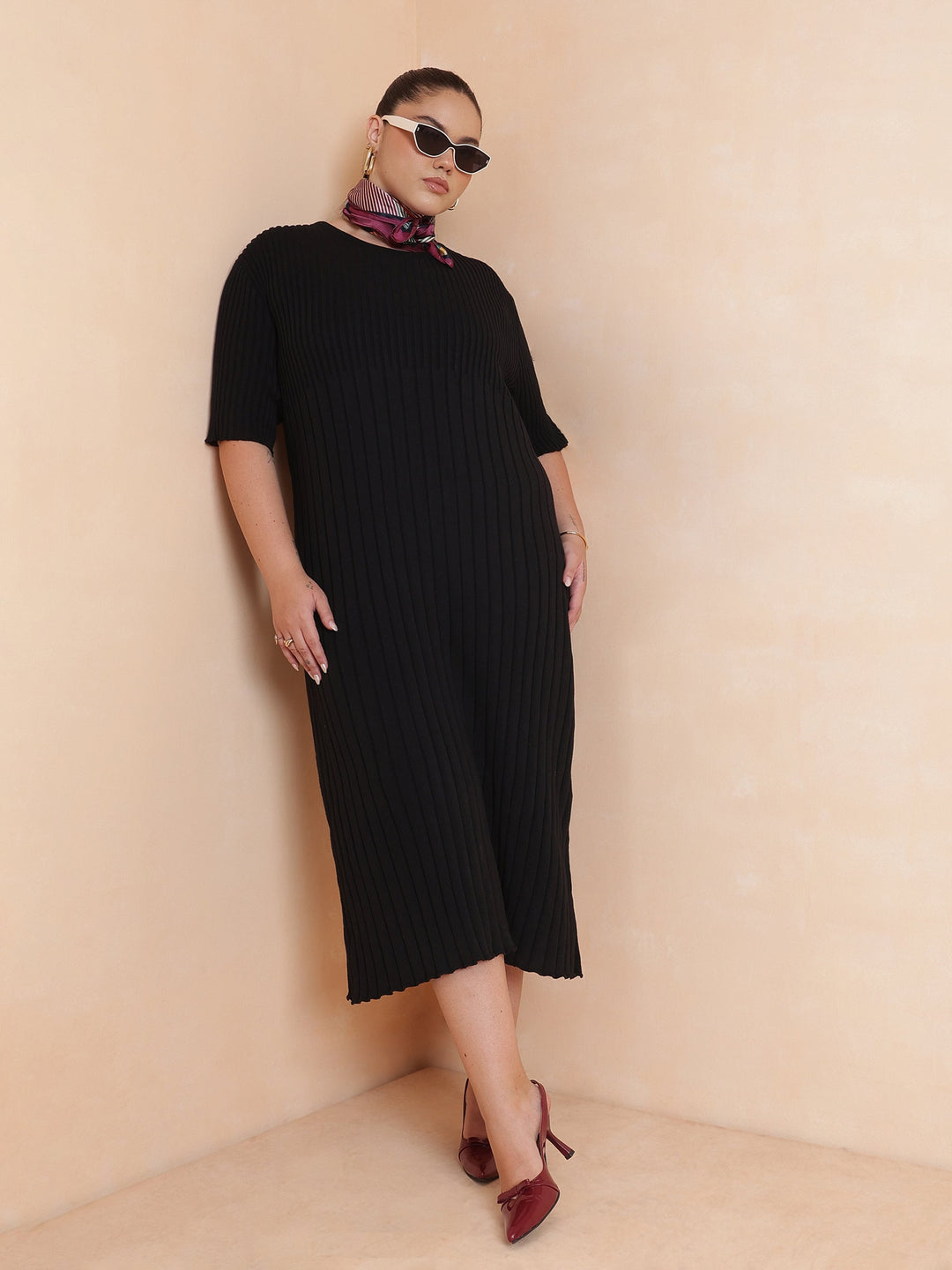Black Knit A-Line Midi Dress