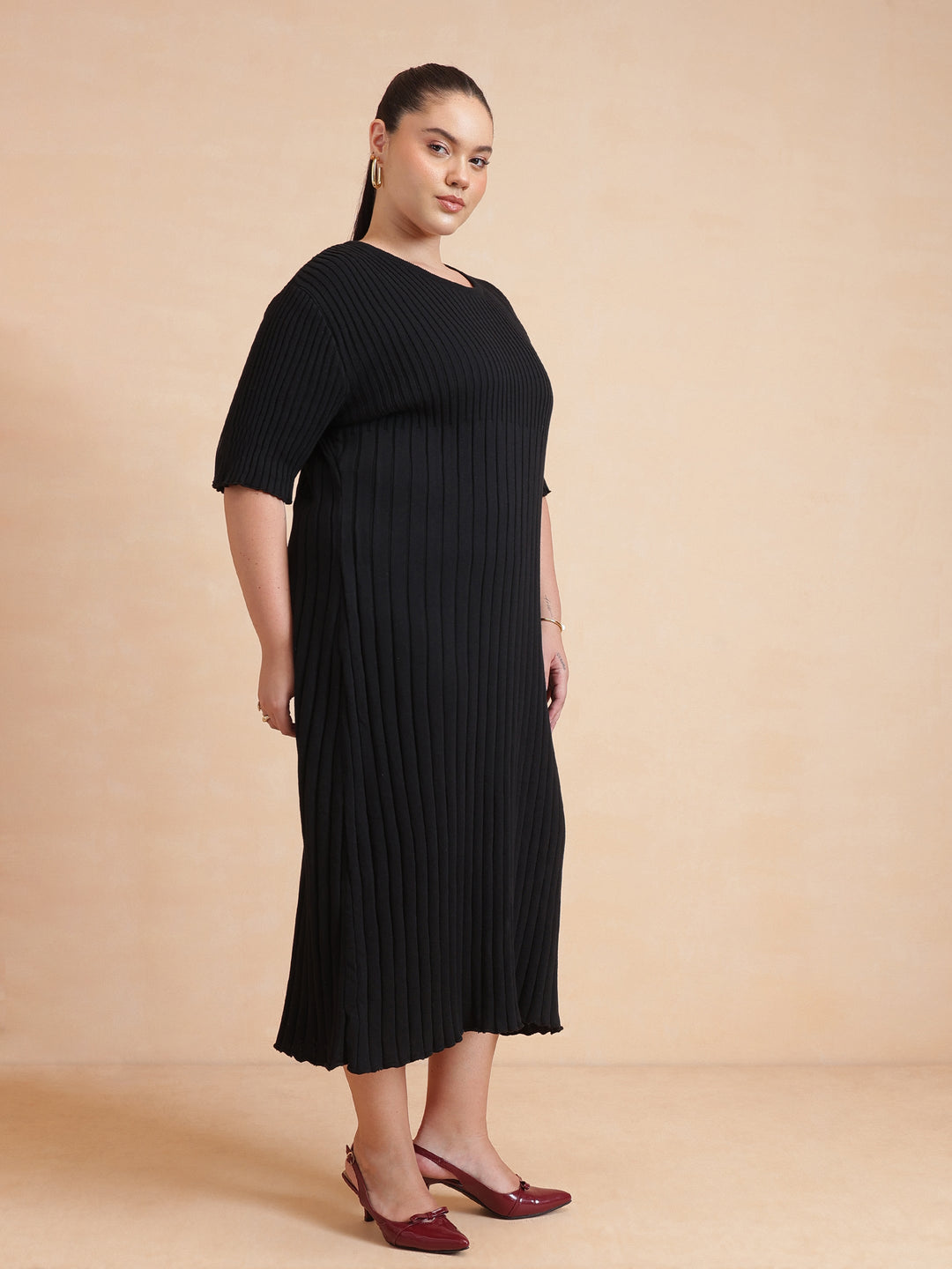 Black Knit A-Line Midi Dress