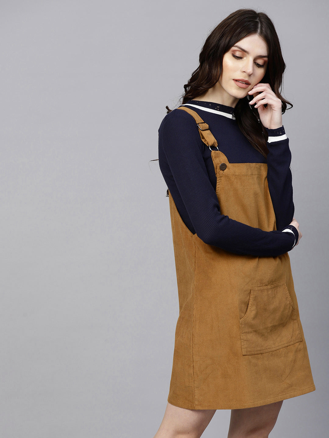 Brown Kangaroo Pocket Corduroy Pinafore