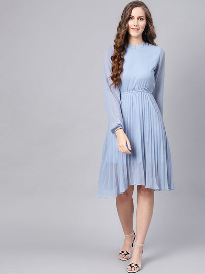 Blue Mandarin Collar Pleated Skater Dress