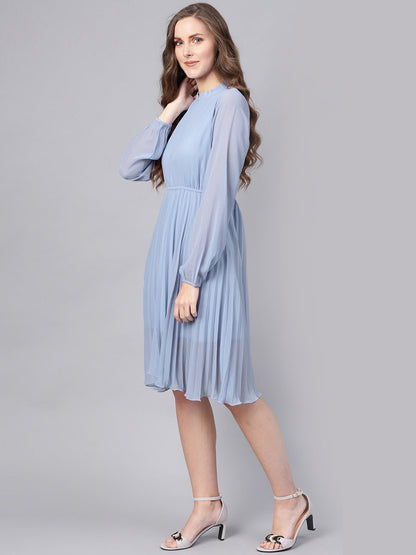 Blue Mandarin Collar Pleated Skater Dress