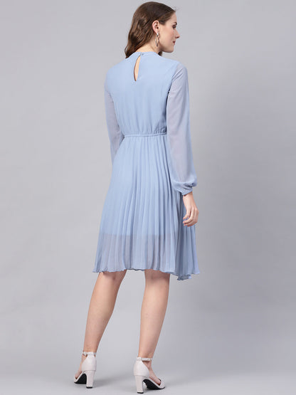 Blue Mandarin Collar Pleated Skater Dress