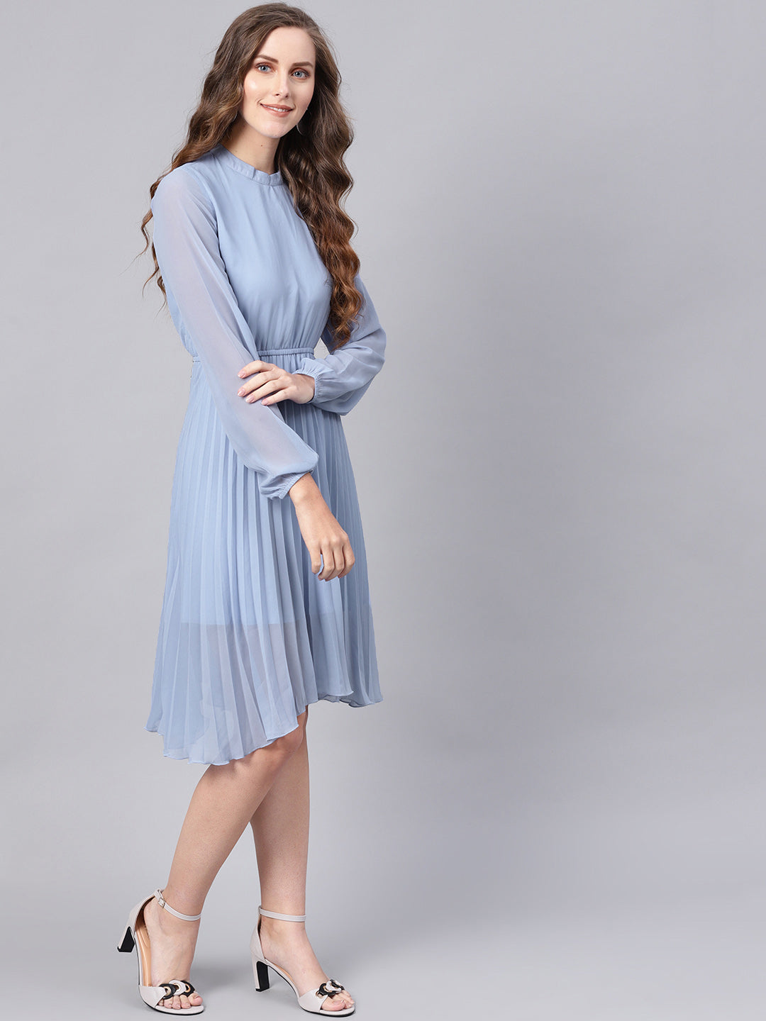 Blue Mandarin Collar Pleated Skater Dress