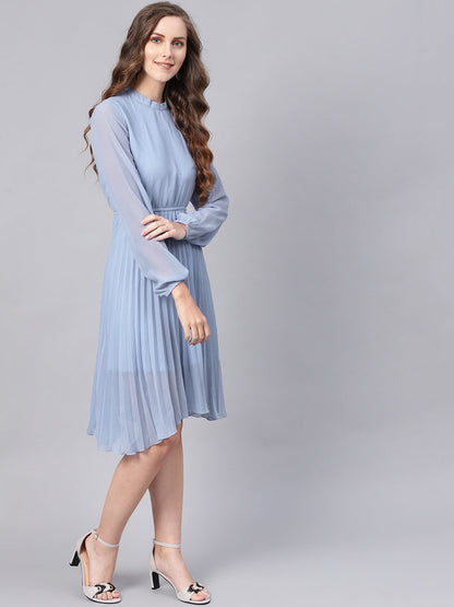 Blue Mandarin Collar Pleated Skater Dress