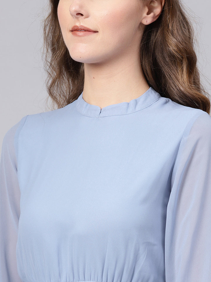 Blue Mandarin Collar Pleated Skater Dress