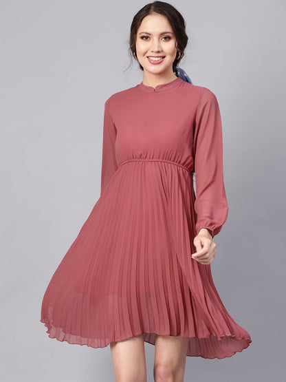 Rose Pink Mandarin Collar Pleated Skater Dress