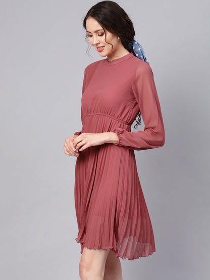 Rose Pink Mandarin Collar Pleated Skater Dress