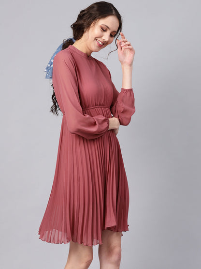 Rose Pink Mandarin Collar Pleated Skater Dress