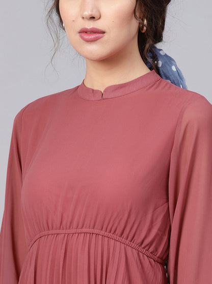 Rose Pink Mandarin Collar Pleated Skater Dress