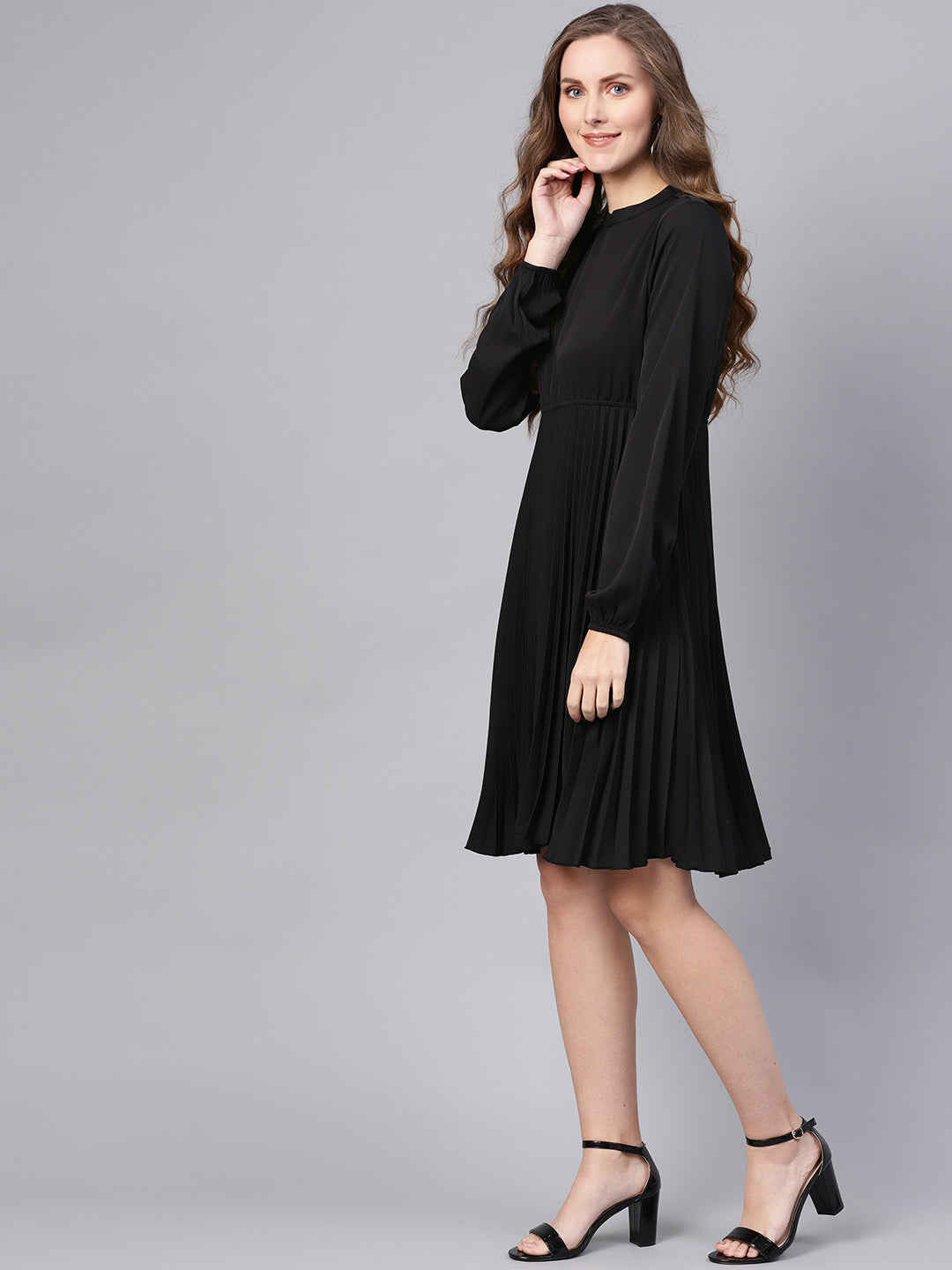 Black Mandarin Collar Pleated Skater Dress