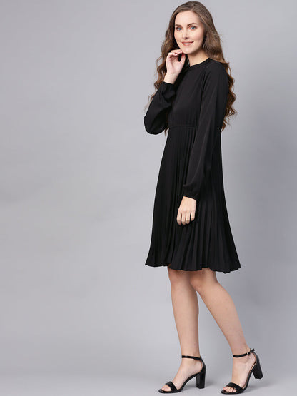 Black Mandarin Collar Pleated Skater Dress