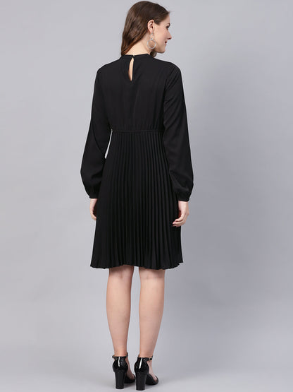 Black Mandarin Collar Pleated Skater Dress