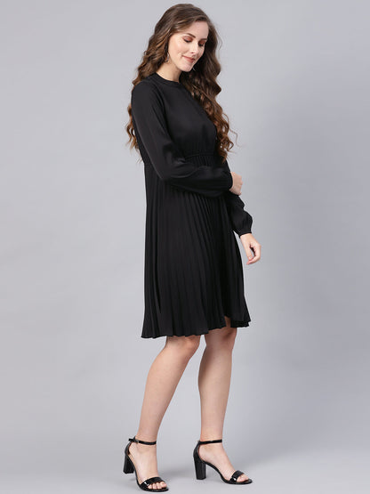Black Mandarin Collar Pleated Skater Dress