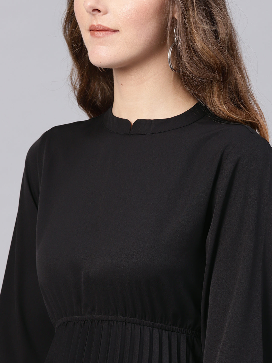 Black Mandarin Collar Pleated Skater Dress