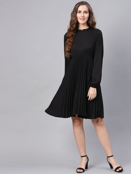 Black Mandarin Collar Pleated Skater Dress