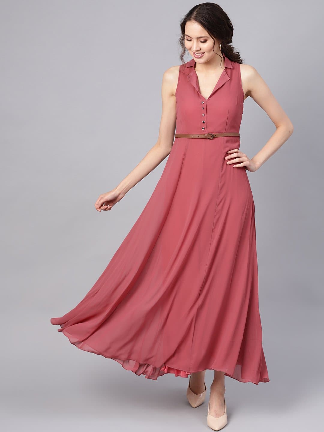 Women's Rose Pink Notched Collar Belted Maxi in Georgette by Sassafras for wholesale, bulk, supplier, manufacturer and wholesaler buyers from Trendphoria
