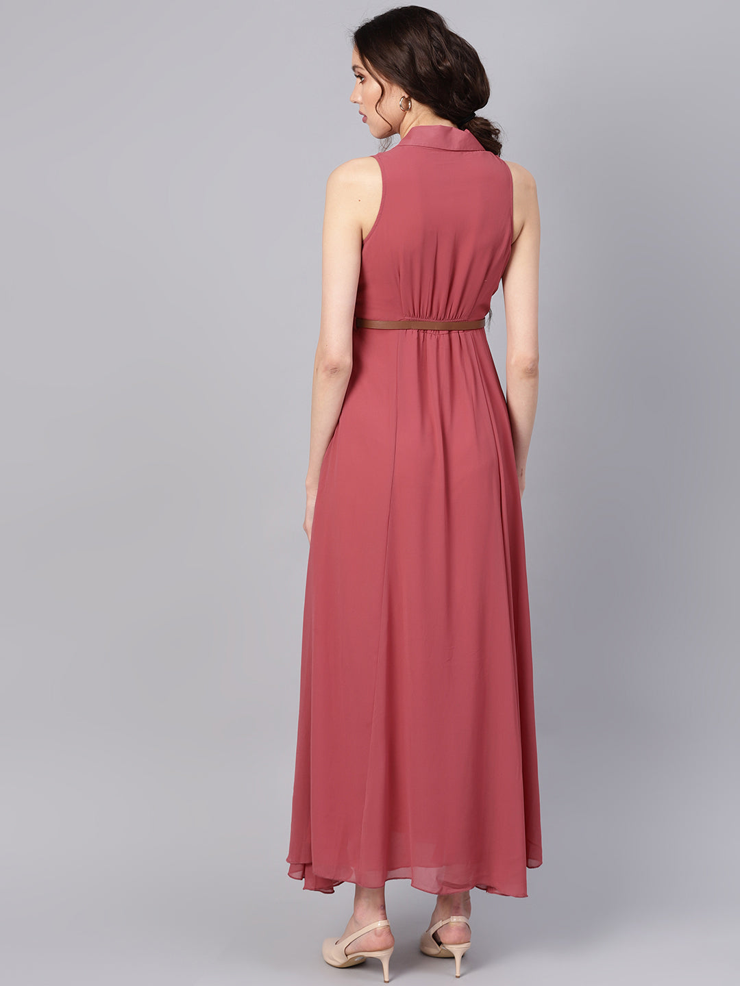 Rose Pink Notched Collar Belted Maxi