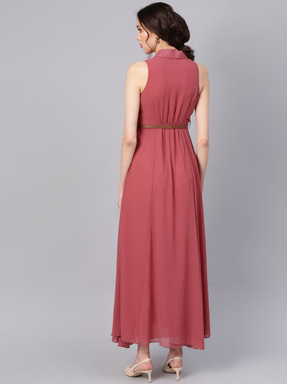 Rose Pink Notched Collar Belted Maxi
