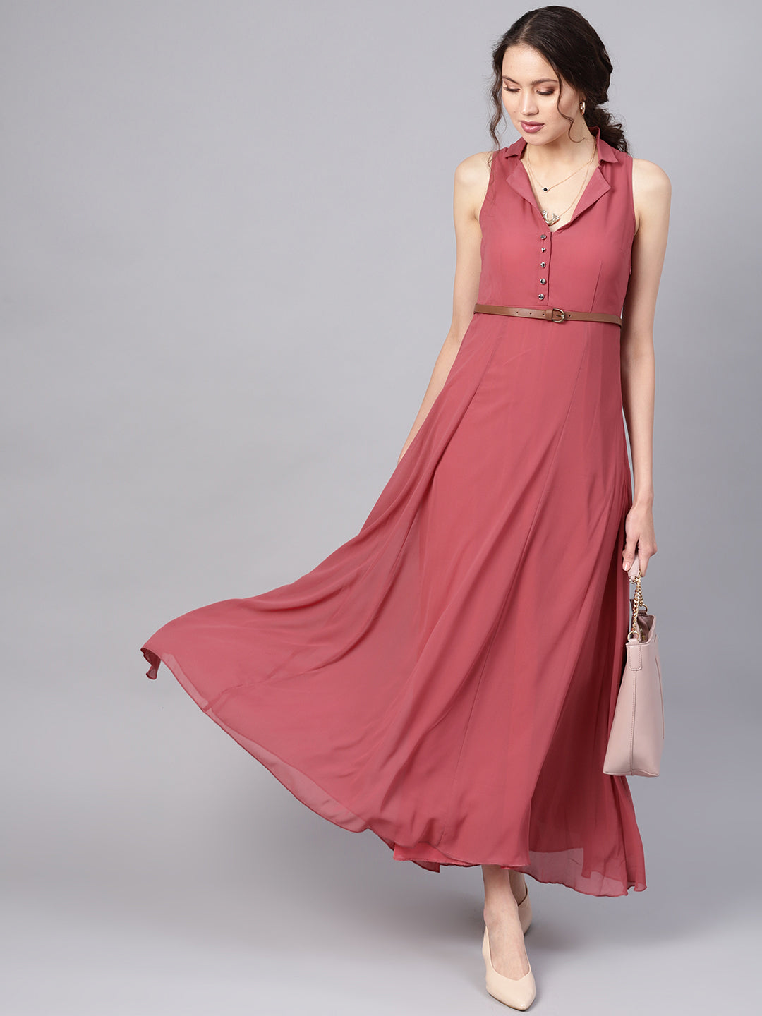 Rose Pink Notched Collar Belted Maxi