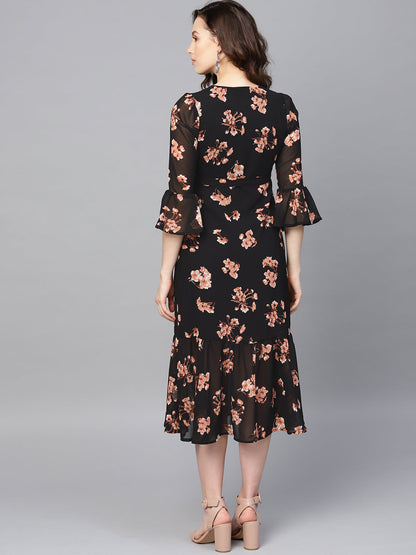 Black Floral Wrap Tie Dress
